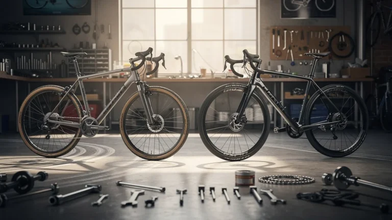 Comparaison photoréaliste vélo entrée de gamme et haut de gamme dans un atelier de mécanicien