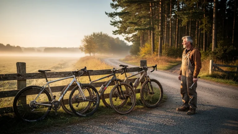 Photographie réaliste 8K choix entre vélo route, gravel et VTT au lever du jour en campagne