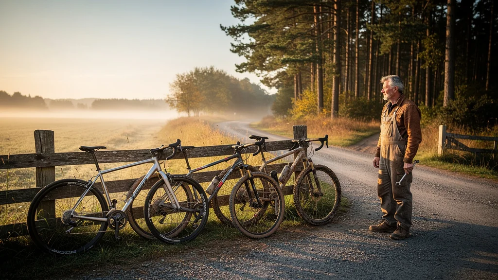 Photographie réaliste 8K choix entre vélo route, gravel et VTT au lever du jour en campagne