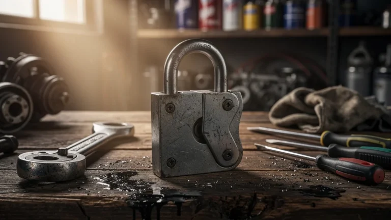 Cadenas pliant robuste sur établi d'atelier mécanique montrant résistance et usure