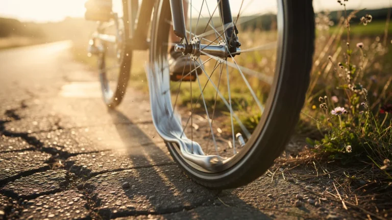 Roue de vélo voilée en plein trajet après un réglage de rayons improvisé sur route de campagne