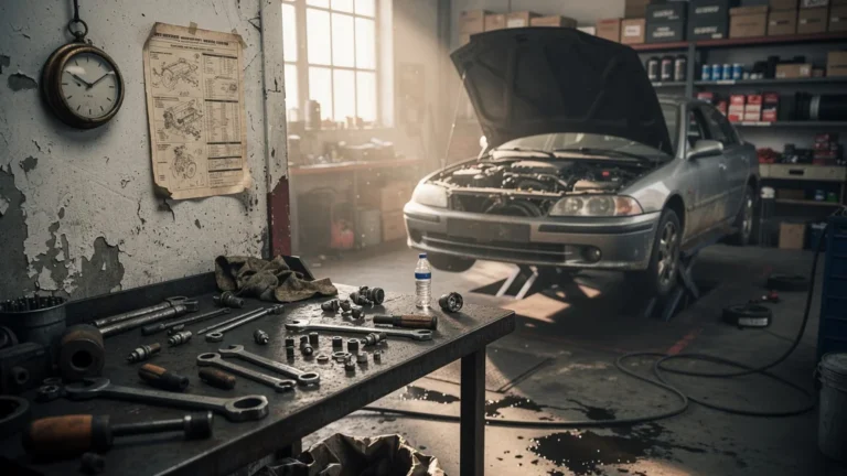 Garage de réparation automobile avec voiture en entretien, illustrant l'utilité limitée de l'entretien annuel pro