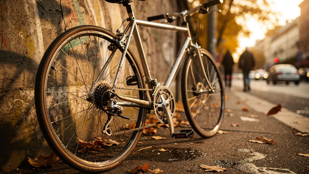 Vélo urbain avec chaîne graissée à l’huile dans un décor de ville réaliste et détaillé en lumière dorée