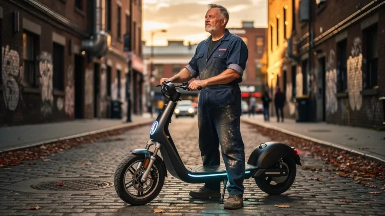 Homme mécanicien avec scooter électrique réfléchissant à son usage quotidien en milieu urbain