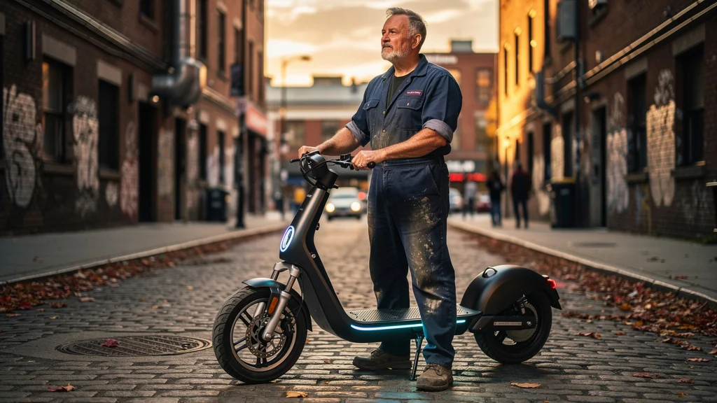 Homme mécanicien avec scooter électrique réfléchissant à son usage quotidien en milieu urbain