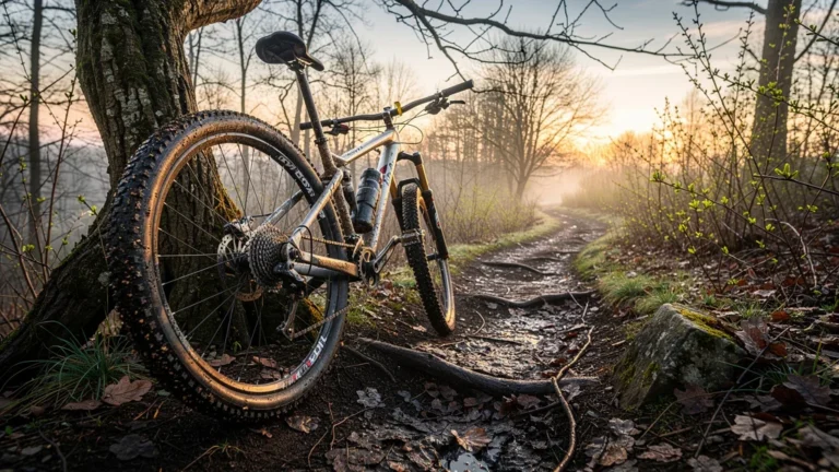 VTT boueux appuyé contre un arbre après une sortie difficile révélant de mauvais réflexes au printemps
