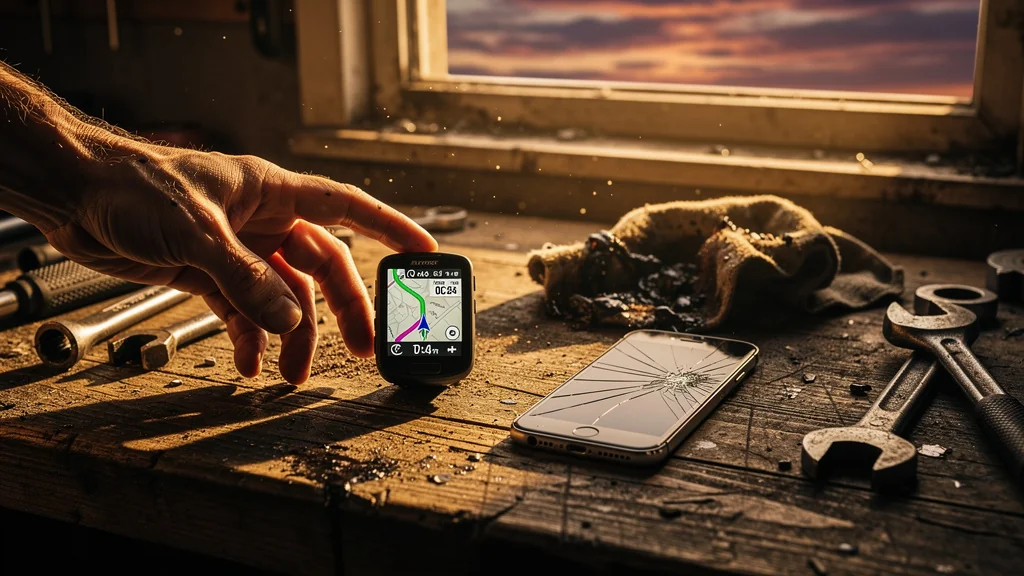 Compteur GPS d'entrée de gamme posé sur un établi de mécanicien, plus fiable qu'un téléphone cassé