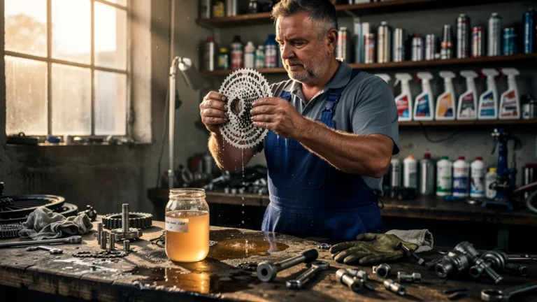 Mécanicien nettoyant une cassette de vélo avec un dégraissant maison efficace comme un spray commercial