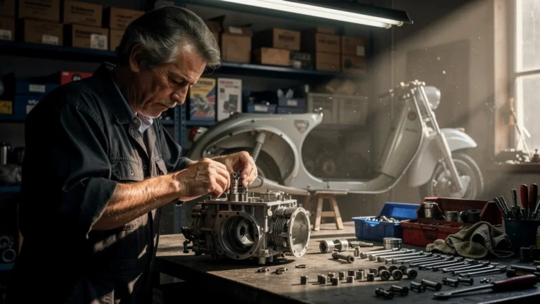 Homme de 52 ans remontant patiemment un moteur de scooter dans un atelier mécanique réaliste