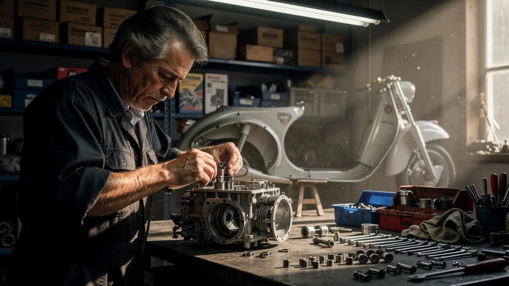 Homme de 52 ans remontant patiemment un moteur de scooter dans un atelier mécanique réaliste