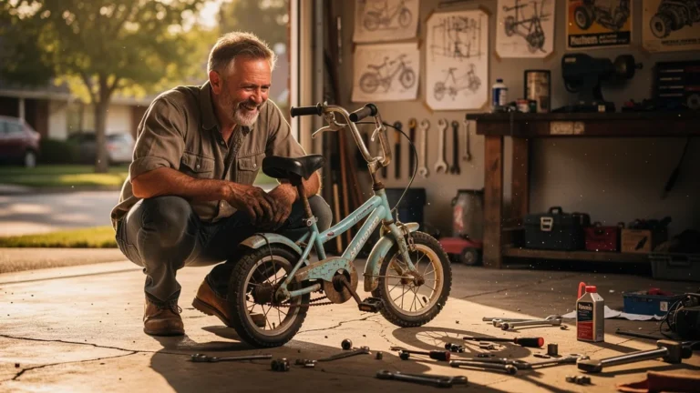 Homme mécanicien réparant le vélo de sa fille dans un garage, gestes simples et redécouverte