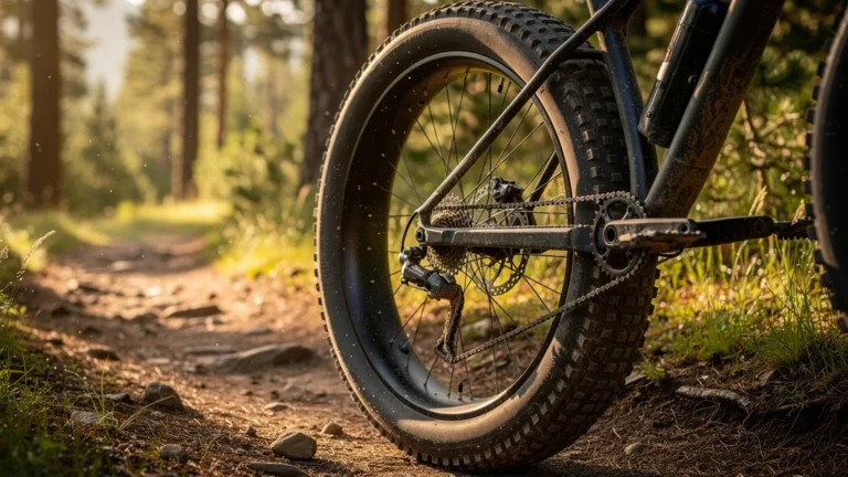 Vélo avec pneus larges basse pression sur sentier accidenté illustrant l'impact au-delà du cadre