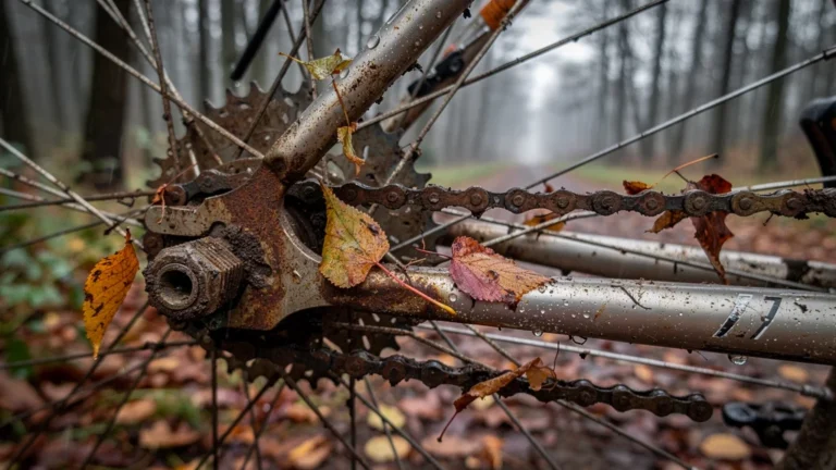 Détail ultra-réaliste d’un moyeu de vélo grippé après un automne sans garde-boue sous la pluie et feuilles mouillées