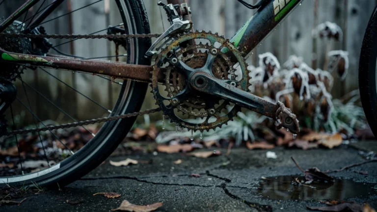 Bicyclette stockée dehors en hiver avec transmission presque neuve rouillée par l'humidité