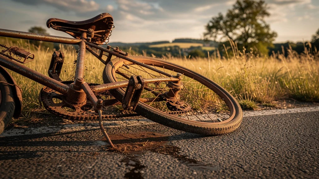 Dérailleur grippé d’un vélo vintage sur route rurale, rappelant l’humilité de l’atelier mécanique